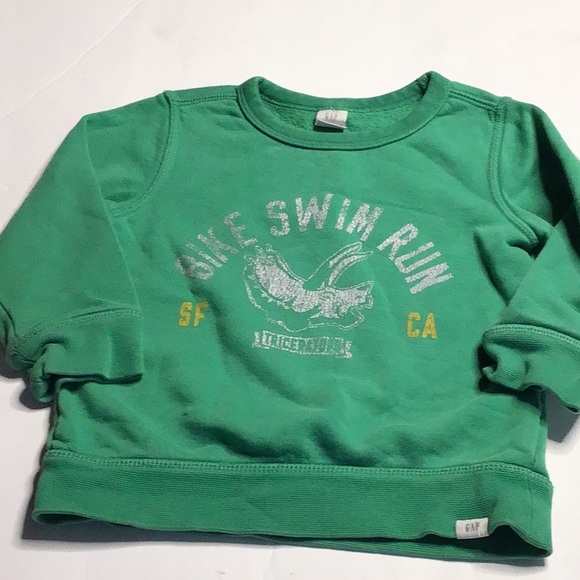 Baby GAP sweatshirt Green Bike Swim Run distressed look white and yellow 2 year - Picture 1 of 5
